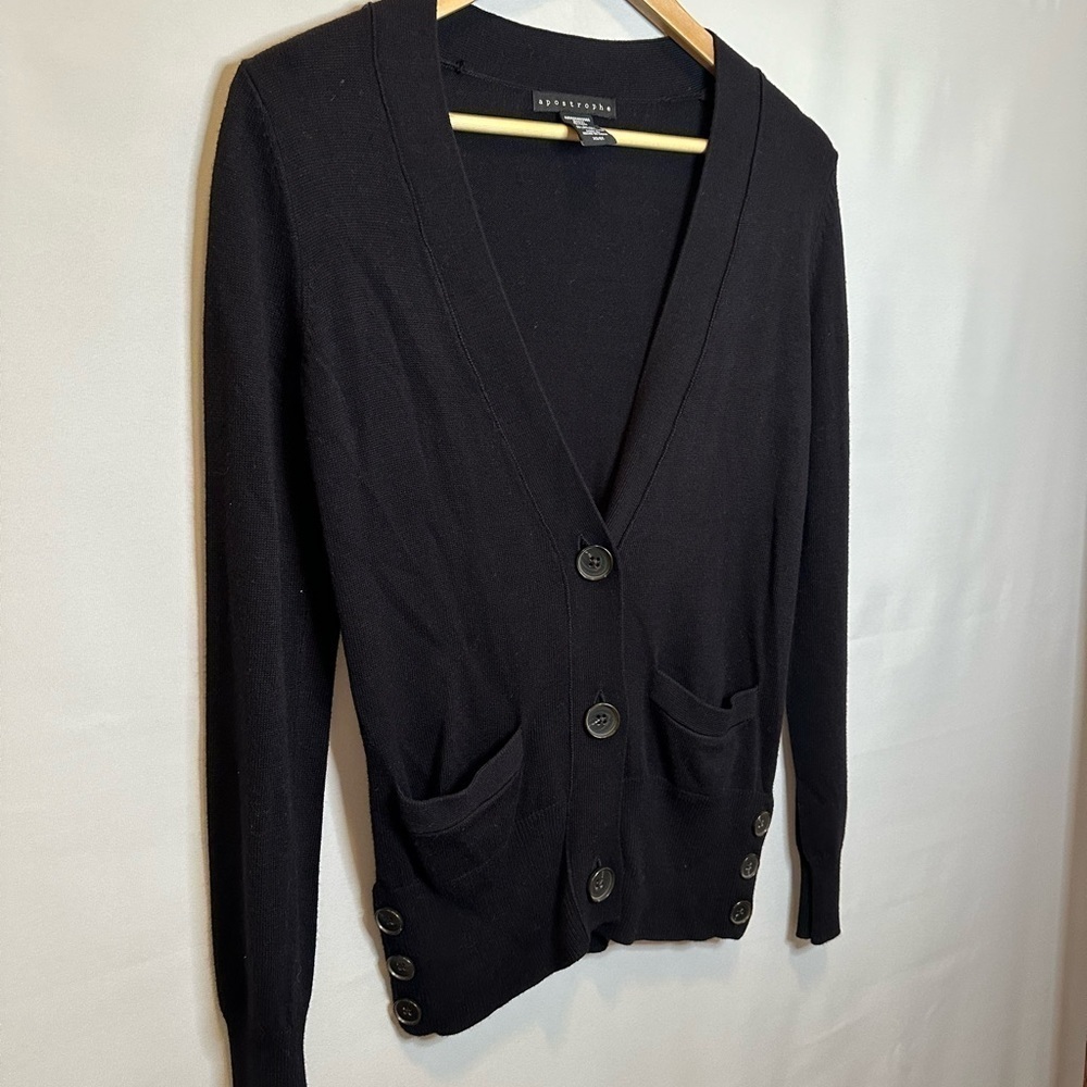Apostrophe Sweater Cardigan Knit Front Buttons Pockets Black XS Preppy Stretchy